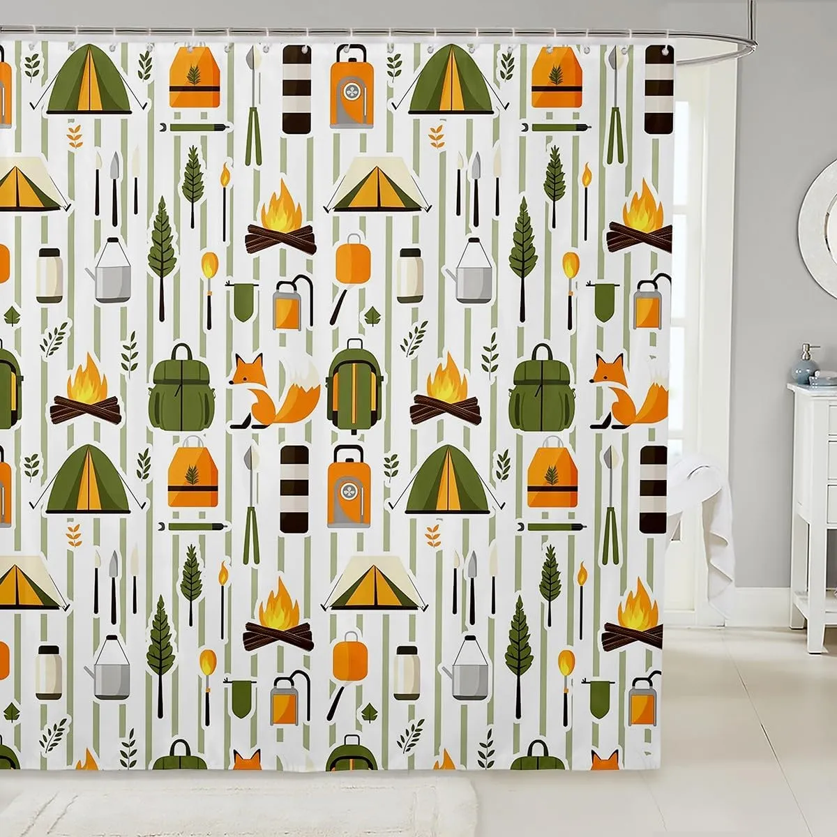 Erosebridal Happy Camping Kids Shower Curtain,Cartoon Fox Camper Bathroom Shower Curtain Sets,Cute Tent Travel Bag Waterproof Bathroom Curtains,Geometric Lines Trees Fabric Shower Curtain,72" Wx78 L