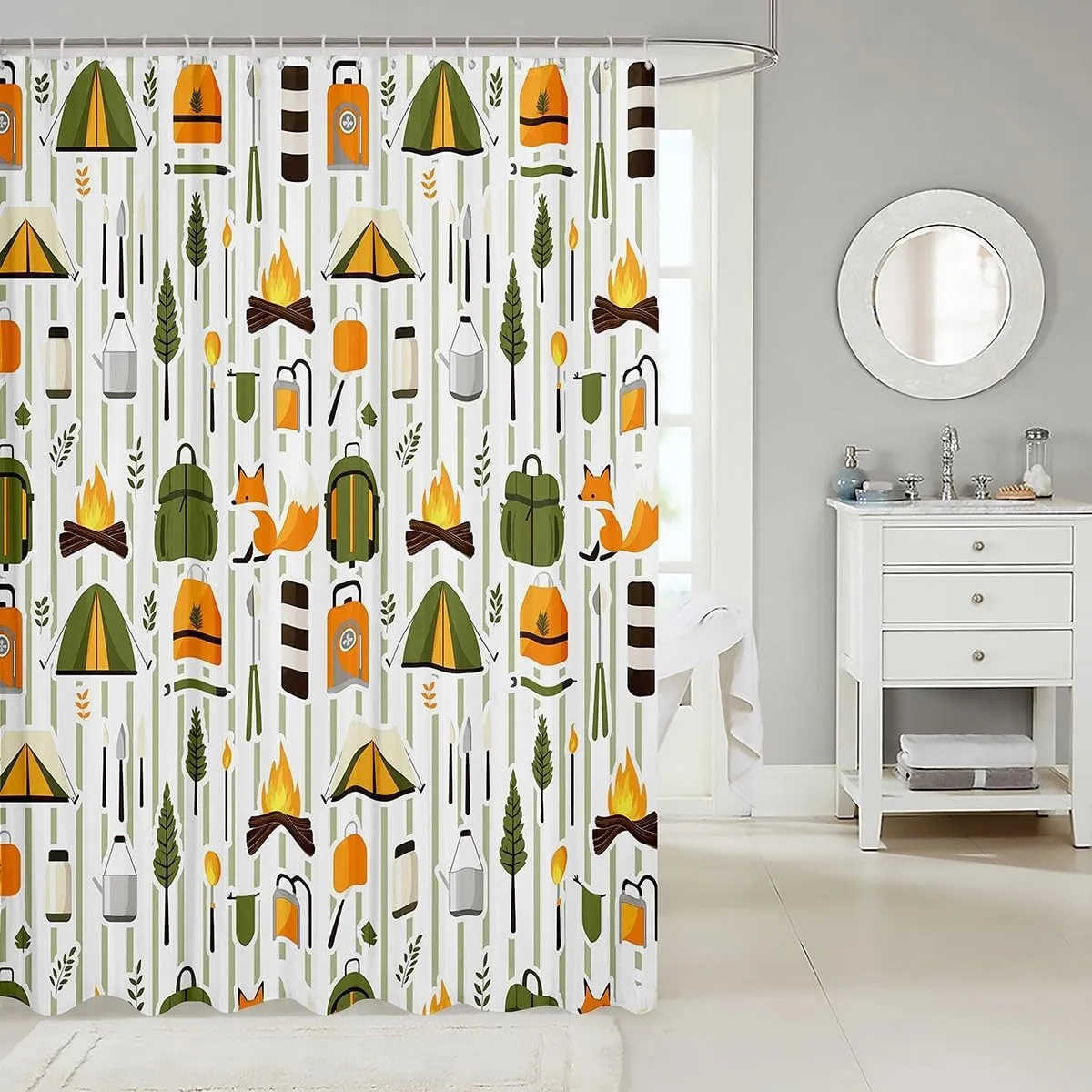Erosebridal Happy Camping Kids Shower Curtain,Cartoon Fox Camper Bathroom Shower Curtain Sets,Cute Tent Travel Bag Waterproof Bathroom Curtains,Geometric Lines Trees Fabric Shower Curtain,72" Wx78 L