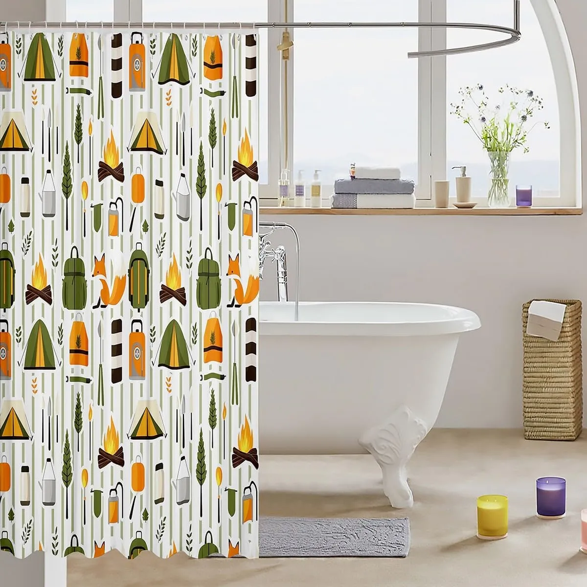 Erosebridal Happy Camping Kids Shower Curtain,Cartoon Fox Camper Bathroom Shower Curtain Sets,Cute Tent Travel Bag Waterproof Bathroom Curtains,Geometric Lines Trees Fabric Shower Curtain,72" Wx78 L