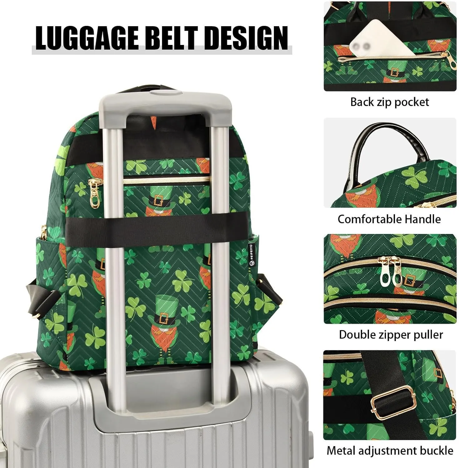Exnundod Backpack Purse for Women Leprechaun Clover Gnomes, Mini Fashion Backpack St Patricks Day Lightweight Casual Daypack Shoulder Bag Travel Backpack, Medium