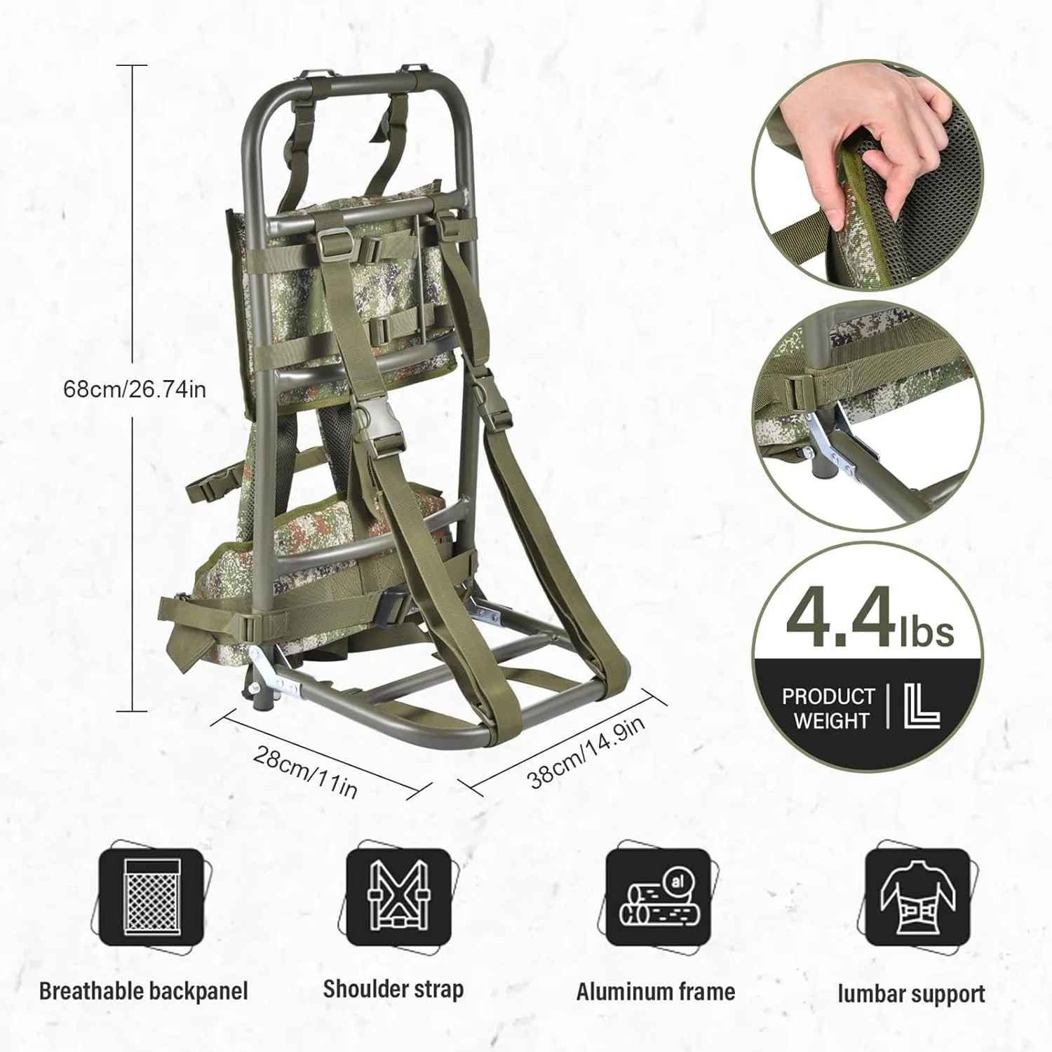 External Frame Hiking Backpack,Heavy Duty Aluminum Frame Hiking Backpack,Foldable Hunting Pack Frames Hikings Backpacks Frames Can Load 132Lbs For Hikings,Travel,Mountaineering,Hunting,camouflage