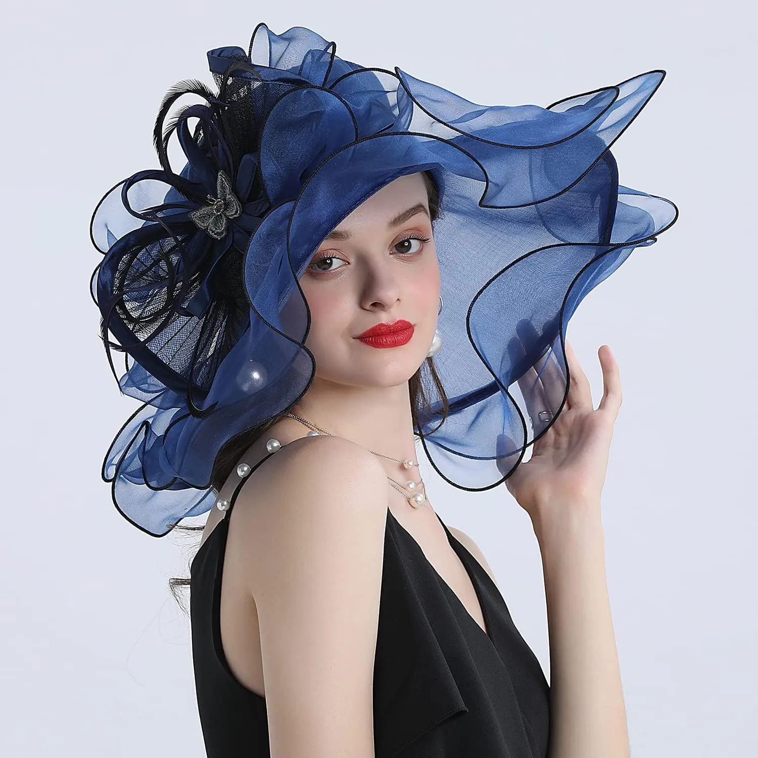 FADVES Women's Wide Brim Organza Tea Derby Sun Hat Butterfly Decoration Tea Party Wedding Bridal Church Fascinator…