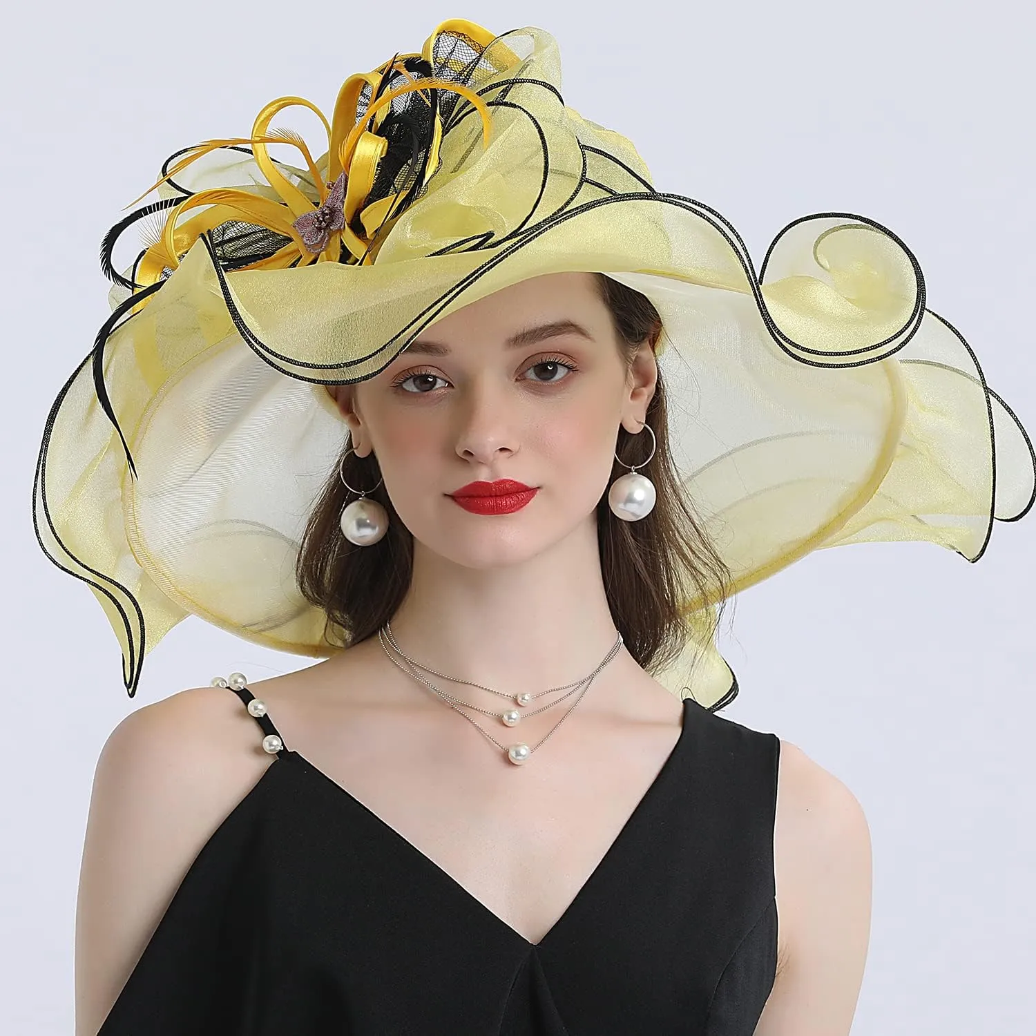 FADVES Women's Wide Brim Organza Tea Derby Sun Hat Butterfly Decoration Tea Party Wedding Bridal Church Fascinator…