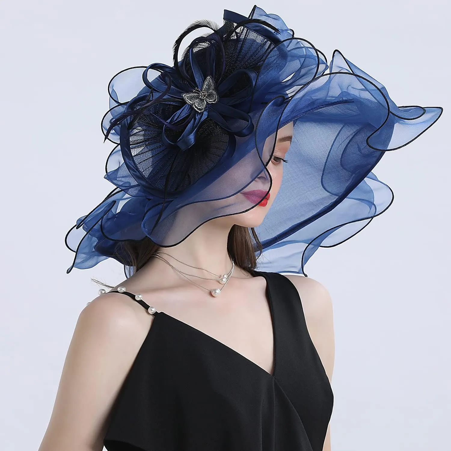 FADVES Women's Wide Brim Organza Tea Derby Sun Hat Butterfly Decoration Tea Party Wedding Bridal Church Fascinator…