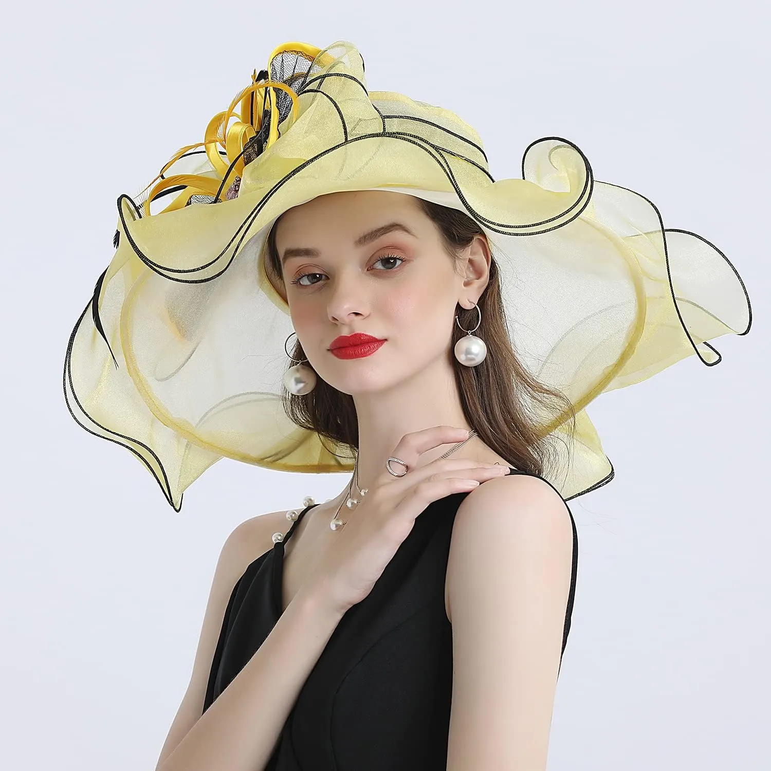 FADVES Women's Wide Brim Organza Tea Derby Sun Hat Butterfly Decoration Tea Party Wedding Bridal Church Fascinator…