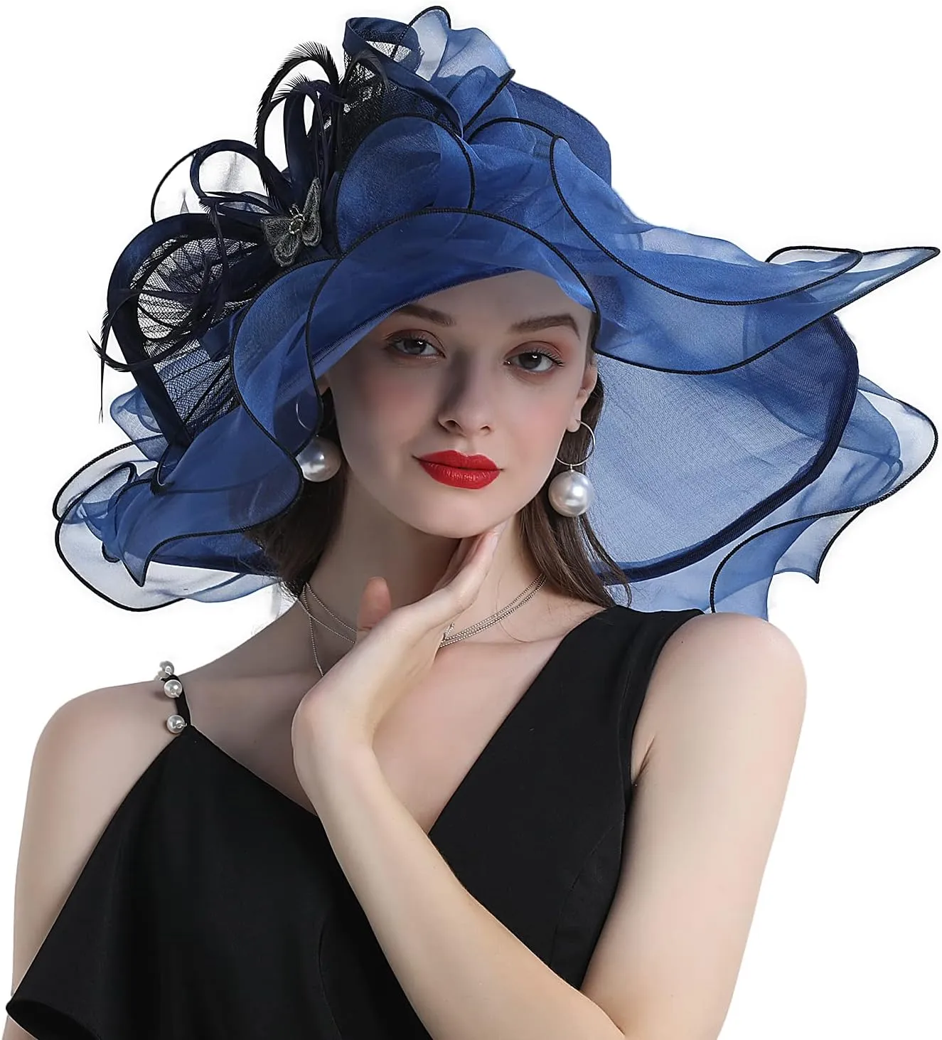 FADVES Women's Wide Brim Organza Tea Derby Sun Hat Butterfly Decoration Tea Party Wedding Bridal Church Fascinator…