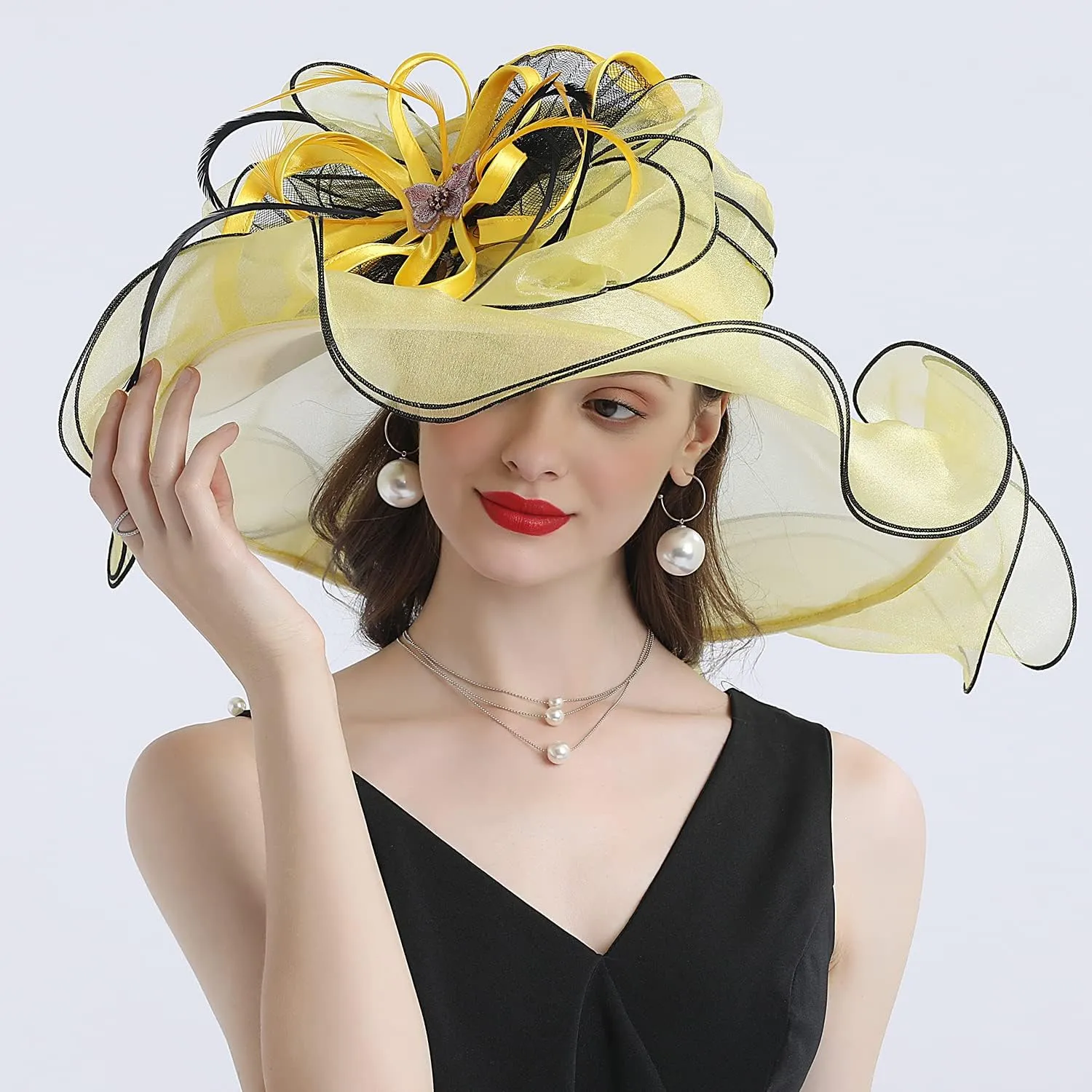 FADVES Women's Wide Brim Organza Tea Derby Sun Hat Butterfly Decoration Tea Party Wedding Bridal Church Fascinator…