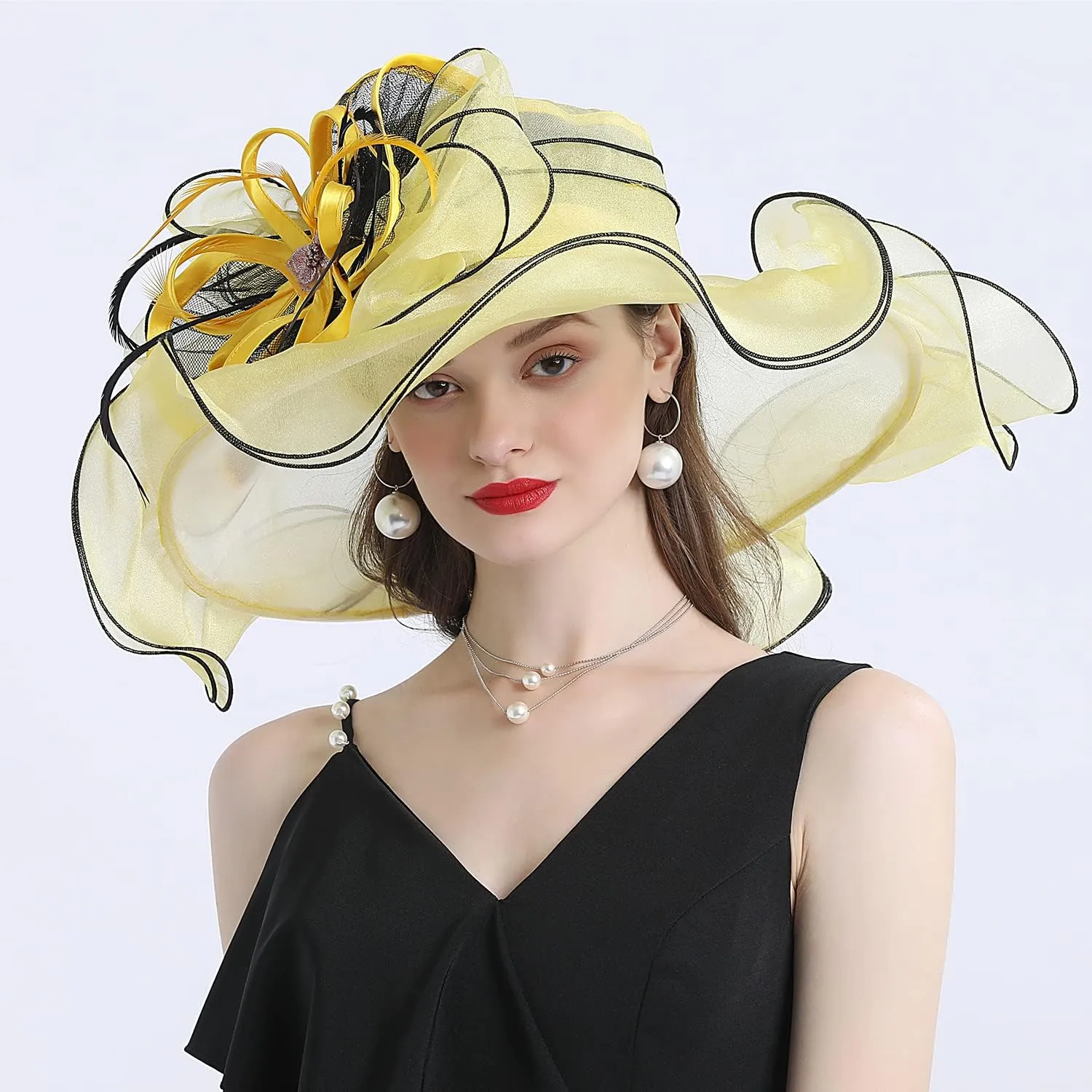 FADVES Women's Wide Brim Organza Tea Derby Sun Hat Butterfly Decoration Tea Party Wedding Bridal Church Fascinator…