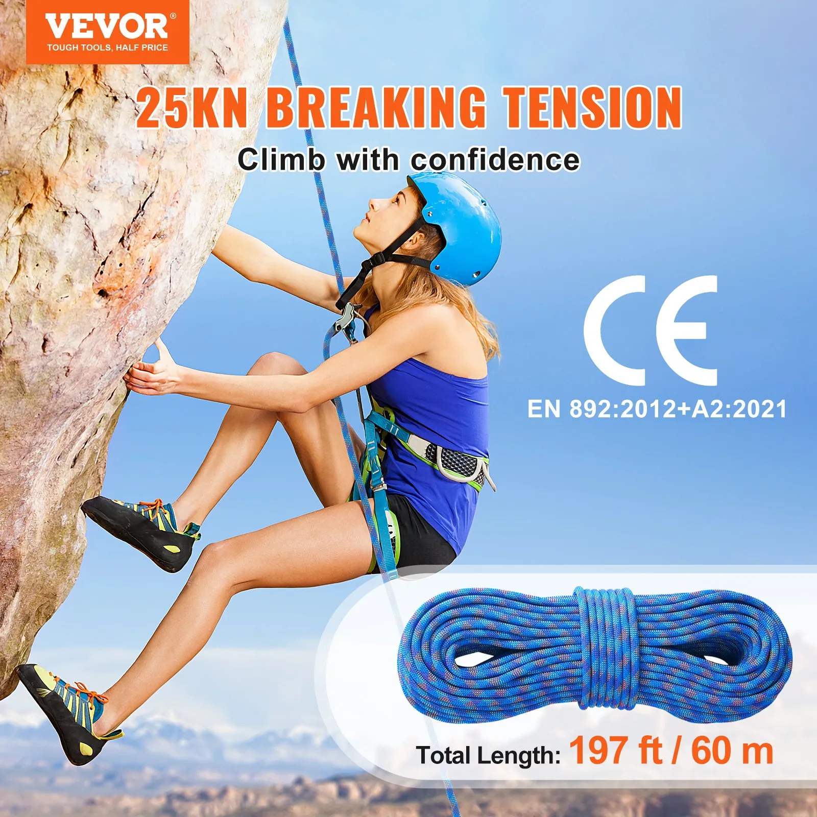 (FINAL PRICES ARE LOWER ON OUR SITE!) VEVOR 10.2mm Dynamic Climbing Rope, 60M(197ft) Outdoor Rock Climbing Rope 25KN Breaking Tension, Fiber Rope with Steel Snap Hooks for Escape, Rappelling, Fire Rescue, Blue