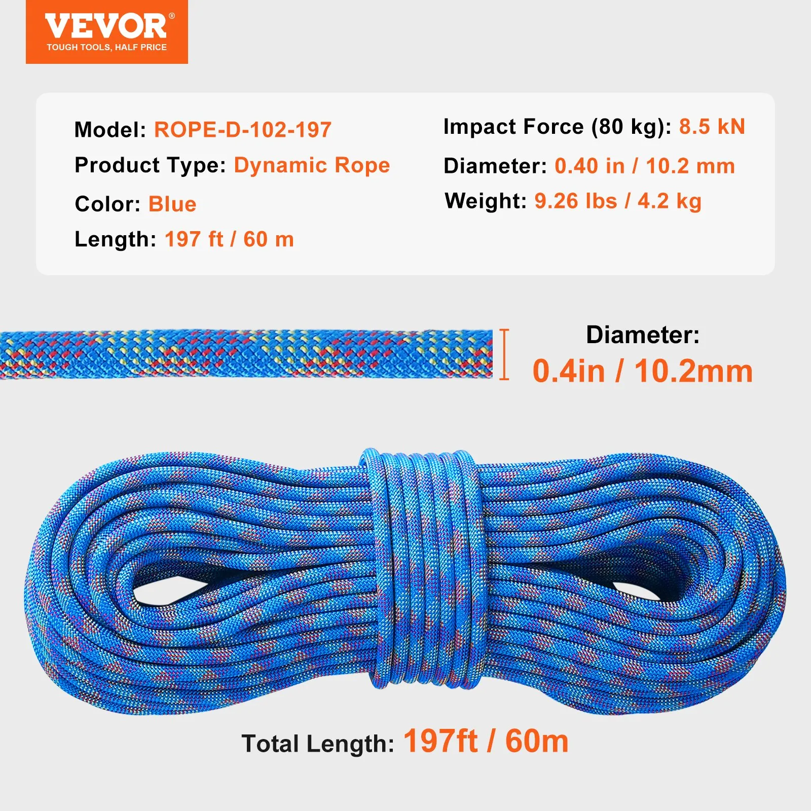 (FINAL PRICES ARE LOWER ON OUR SITE!) VEVOR 10.2mm Dynamic Climbing Rope, 60M(197ft) Outdoor Rock Climbing Rope 25KN Breaking Tension, Fiber Rope with Steel Snap Hooks for Escape, Rappelling, Fire Rescue, Blue