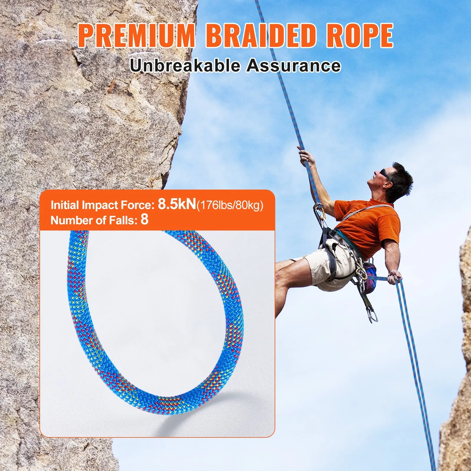 (FINAL PRICES ARE LOWER ON OUR SITE!) VEVOR 10.2mm Dynamic Climbing Rope, 60M(197ft) Outdoor Rock Climbing Rope 25KN Breaking Tension, Fiber Rope with Steel Snap Hooks for Escape, Rappelling, Fire Rescue, Blue