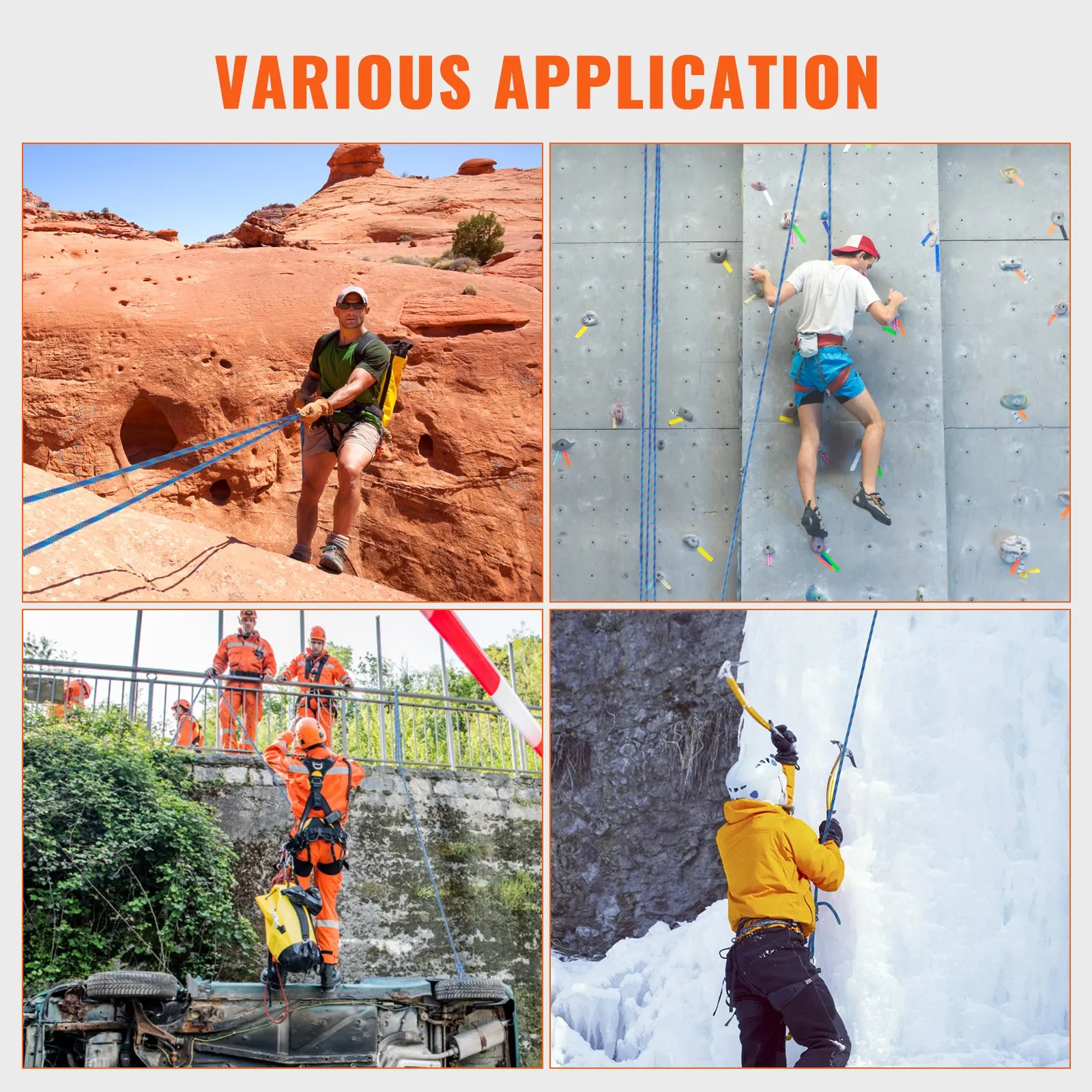 (FINAL PRICES ARE LOWER ON OUR SITE!) VEVOR 10.2mm Dynamic Climbing Rope, 60M(197ft) Outdoor Rock Climbing Rope 25KN Breaking Tension, Fiber Rope with Steel Snap Hooks for Escape, Rappelling, Fire Rescue, Blue