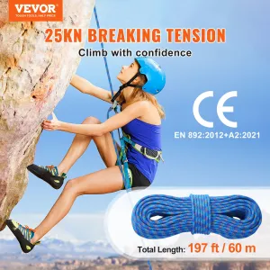 (FINAL PRICES ARE LOWER ON OUR SITE!) VEVOR 10.2mm Dynamic Climbing Rope, 60M(197ft) Outdoor Rock Climbing Rope 25KN Breaking Tension, Fiber Rope with Steel Snap Hooks for Escape, Rappelling, Fire Rescue, Blue