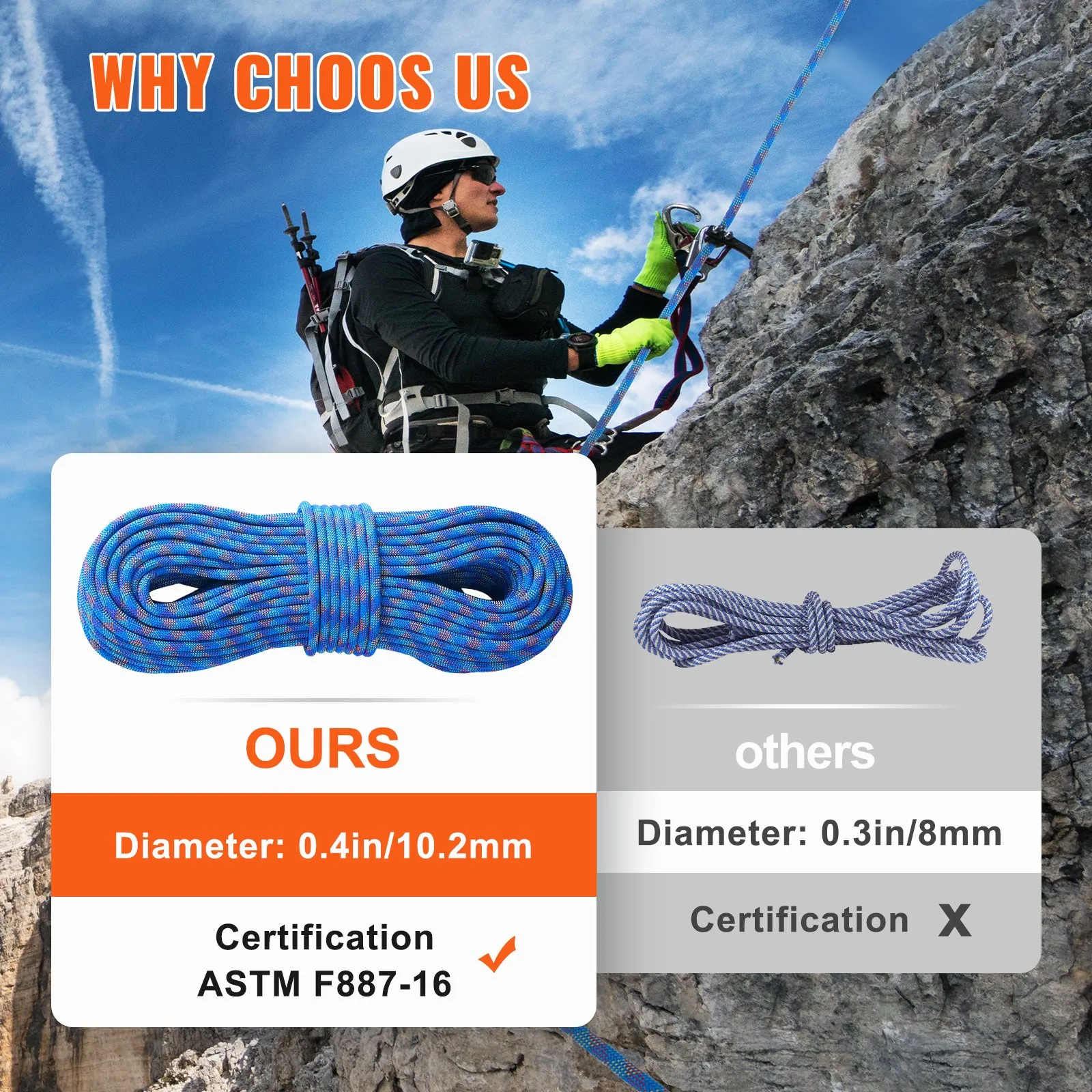 (FINAL PRICES ARE LOWER ON OUR SITE!) VEVOR 10.2mm Dynamic Climbing Rope, 60M(197ft) Outdoor Rock Climbing Rope 25KN Breaking Tension, Fiber Rope with Steel Snap Hooks for Escape, Rappelling, Fire Rescue, Blue