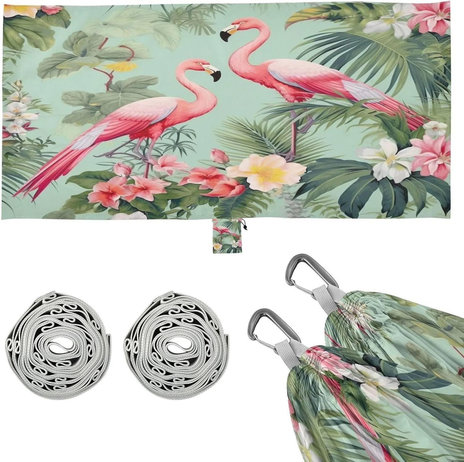 Flamingos Palm Flowers Camping Hammock, Single Portable Hammocks with Tree Straps & Attached Carry Bag, 330Lbs Capacity Perfect for Outside Indoor Hiking Beach Backpack Travel