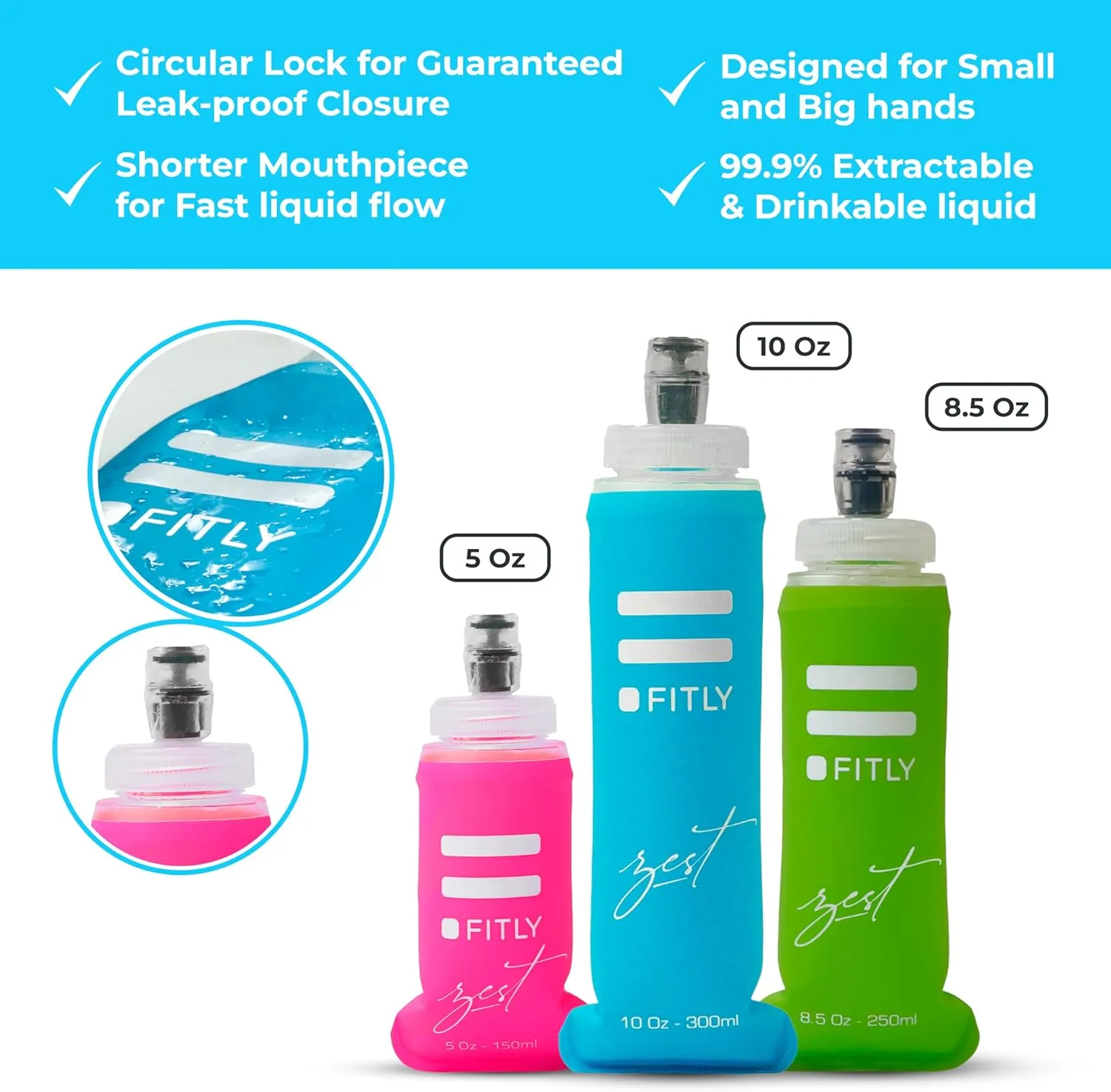 FLASKS Combo – 3 Soft Flasksfor Hydration While Running Hiking Cycling Climbing - Collapsible Water Bottles (5-8.5 - 13.5 oz, 150-250 - 400 ml)