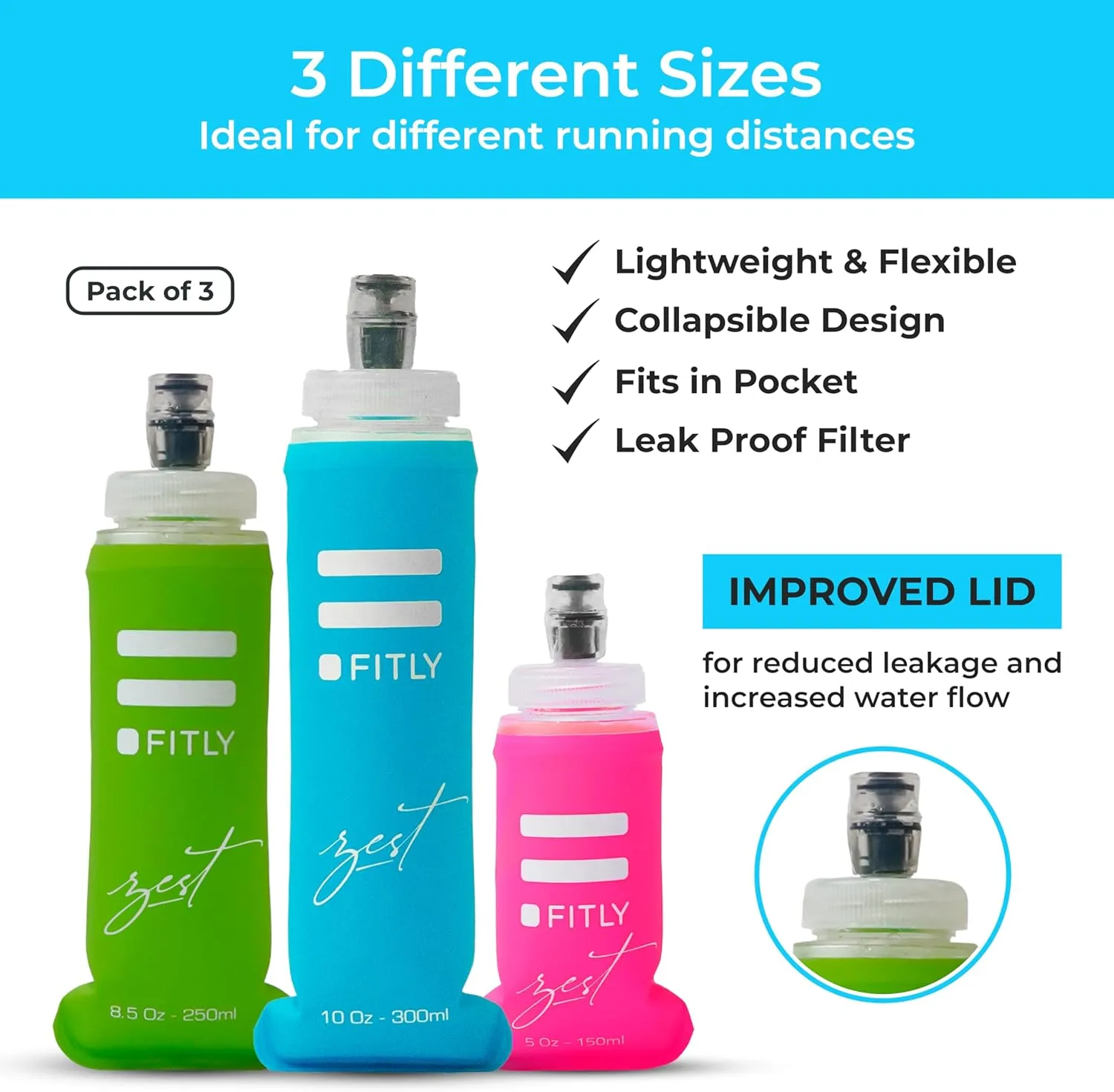 FLASKS Combo – 3 Soft Flasksfor Hydration While Running Hiking Cycling Climbing - Collapsible Water Bottles (5-8.5 - 13.5 oz, 150-250 - 400 ml)