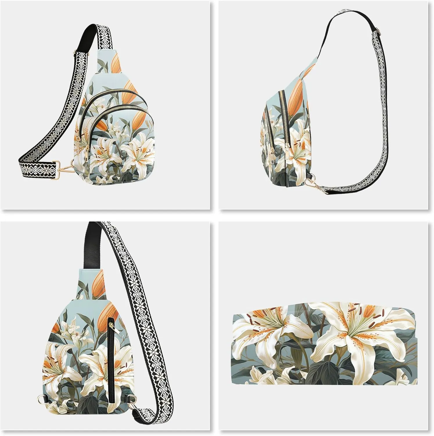 Flower Leather Sling Bag Small Crossbody Backpack Travel Shoulder Pack Hiking chest Daypack for Women Adjustable Lightweight Outdoor Waterproof Workout