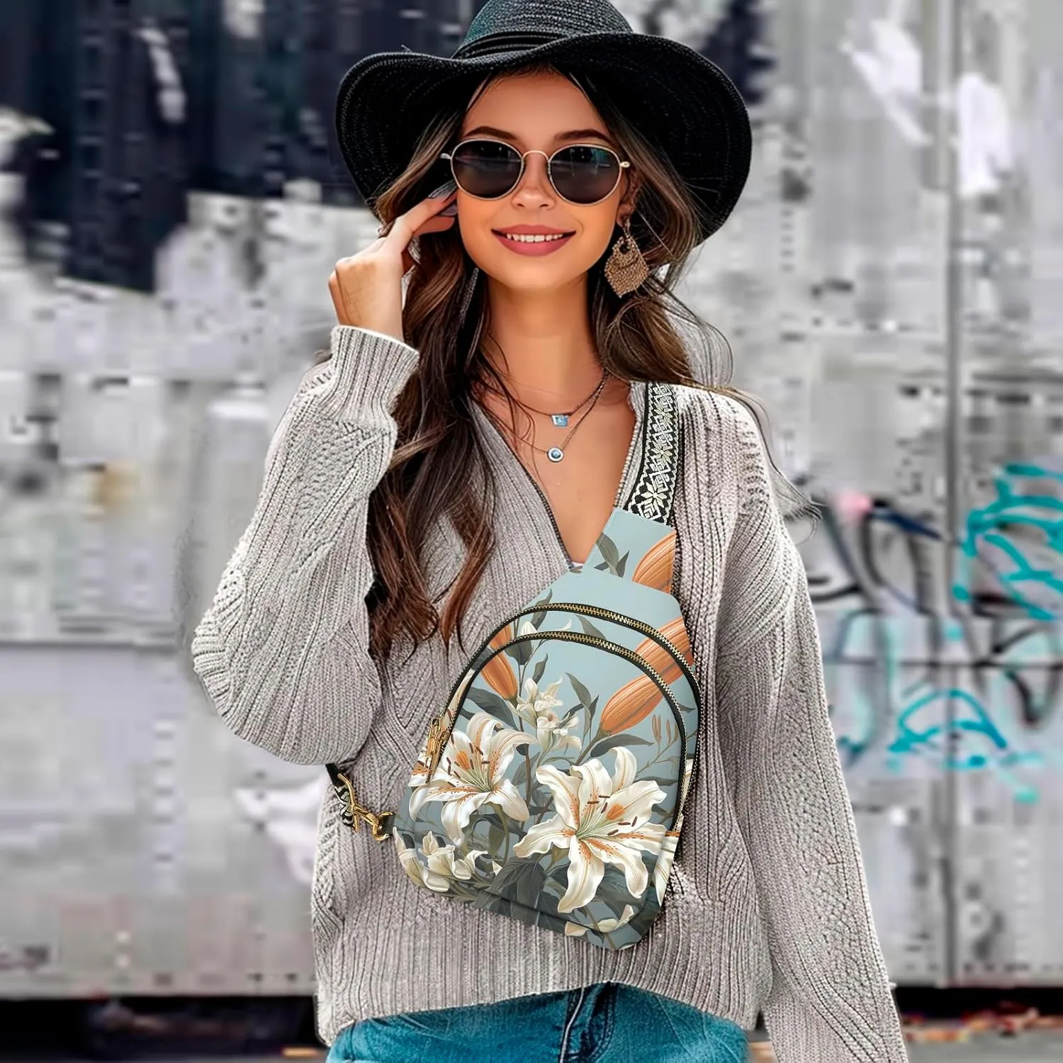 Flower Leather Sling Bag Small Crossbody Backpack Travel Shoulder Pack Hiking chest Daypack for Women Adjustable Lightweight Outdoor Waterproof Workout