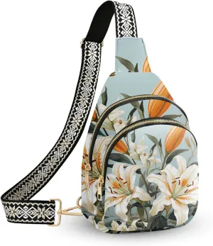 Flower Leather Sling Bag Small Crossbody Backpack Travel Shoulder Pack Hiking chest Daypack for Women Adjustable Lightweight Outdoor Waterproof Workout
