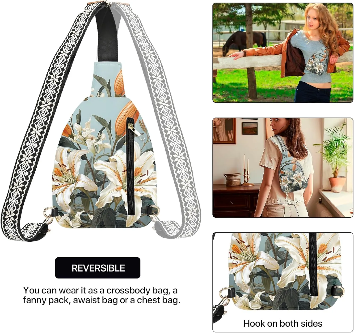 Flower Leather Sling Bag Small Crossbody Backpack Travel Shoulder Pack Hiking chest Daypack for Women Adjustable Lightweight Outdoor Waterproof Workout