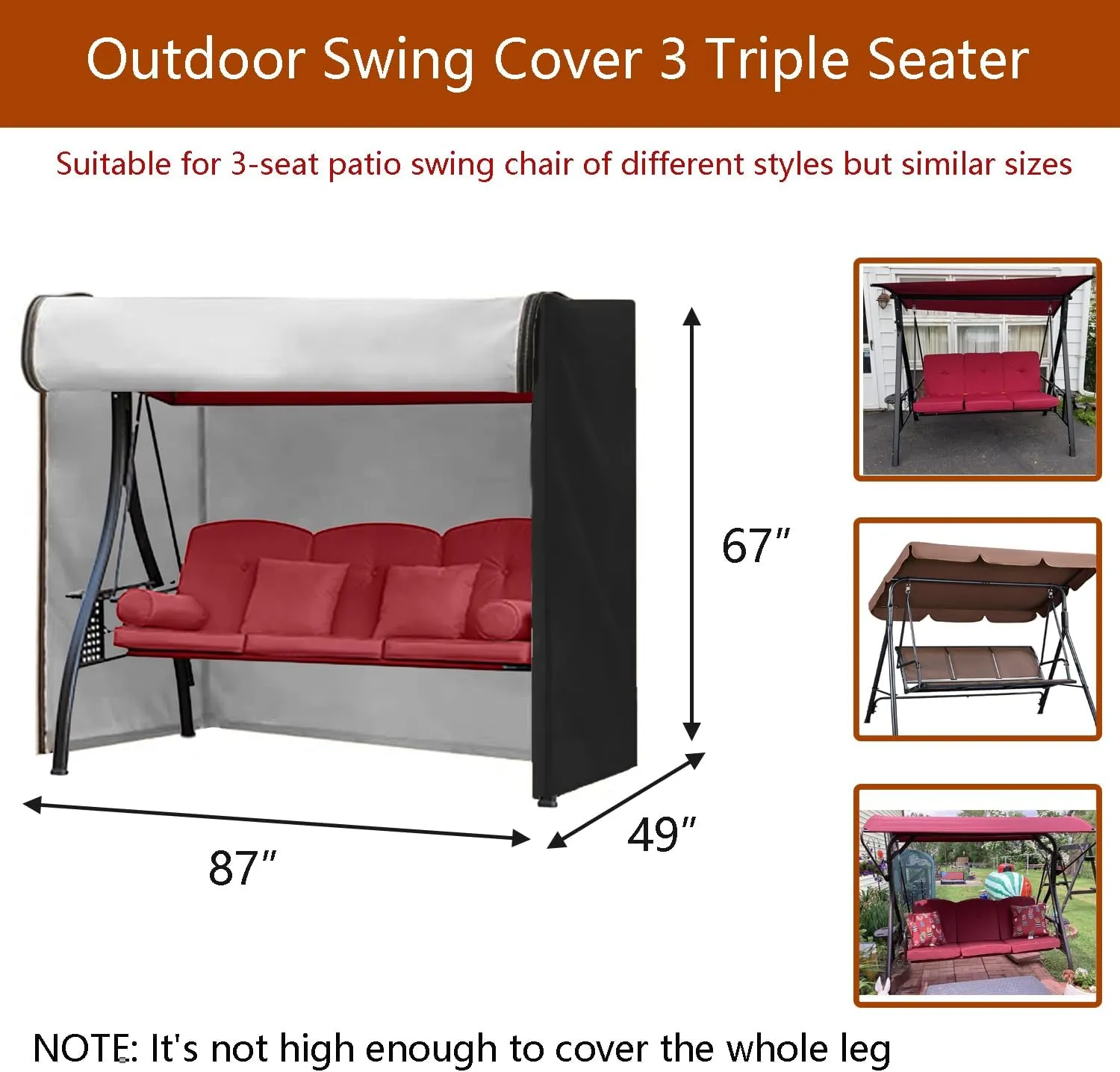 FLYMEI Outdoor Swing Cover 3 Triple Seater Hammock Cover for Porch Swing Canopy Glider Chair and Other Patio Furniture, Waterproof Windproof All Weather Protection, 87'' (L) x 49''(W) x 67''(H)