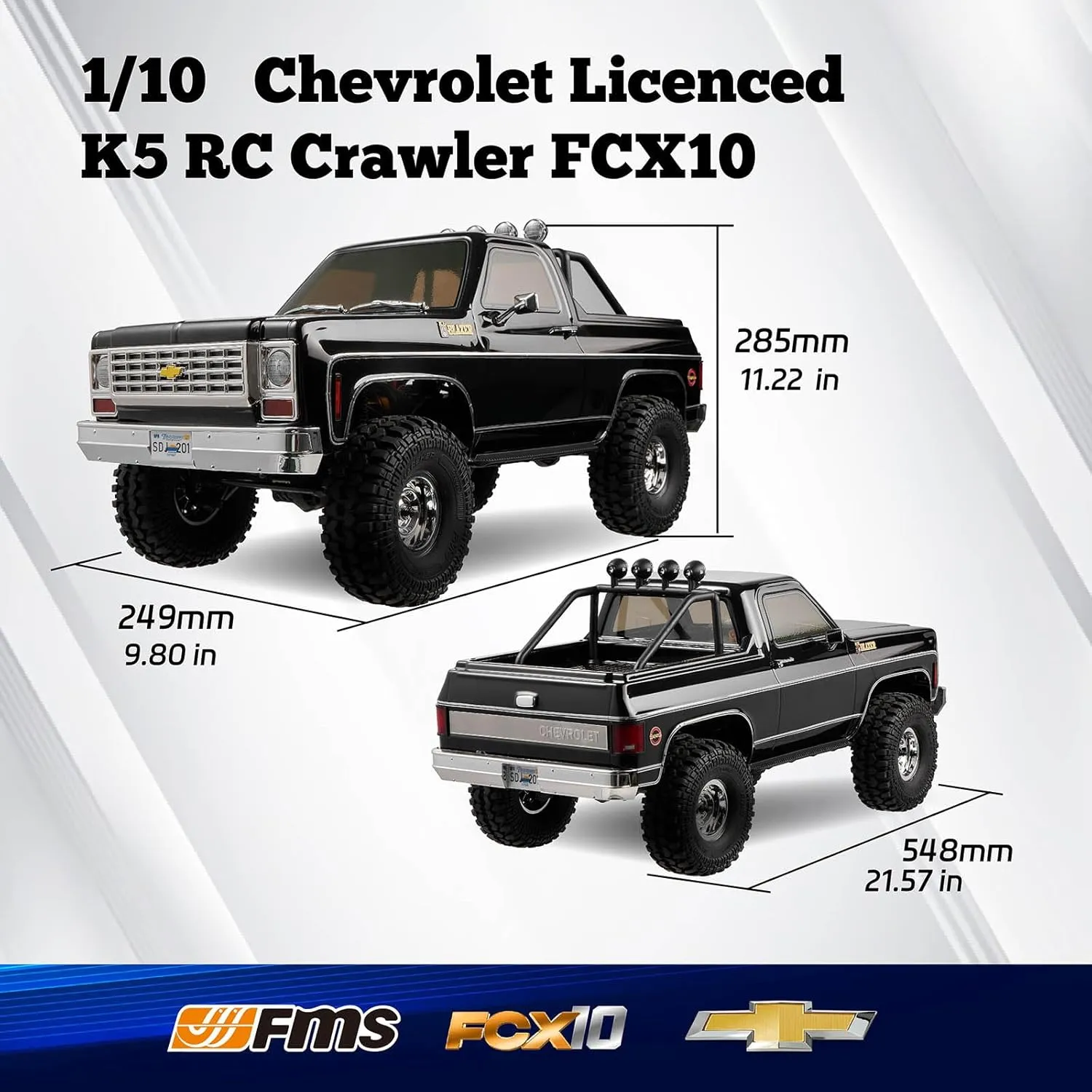 FMS 1/10 RC Crawler FCX10 Chevy K5 Blazer RS RC Pickup Truck Hobby Offroad Rock Truck DIG/4WD/FWD 11CH 2.4GHz Remote Control Car for Adults (Black)