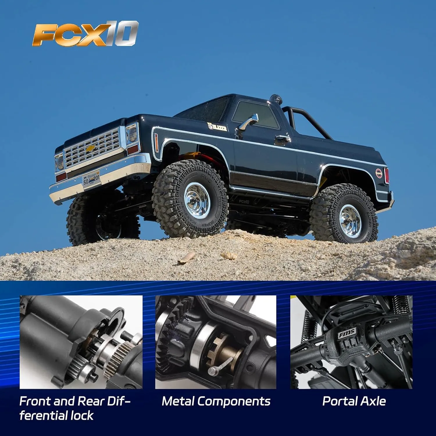 FMS 1/10 RC Crawler FCX10 Chevy K5 Blazer RS RC Pickup Truck Hobby Offroad Rock Truck DIG/4WD/FWD 11CH 2.4GHz Remote Control Car for Adults (Black)