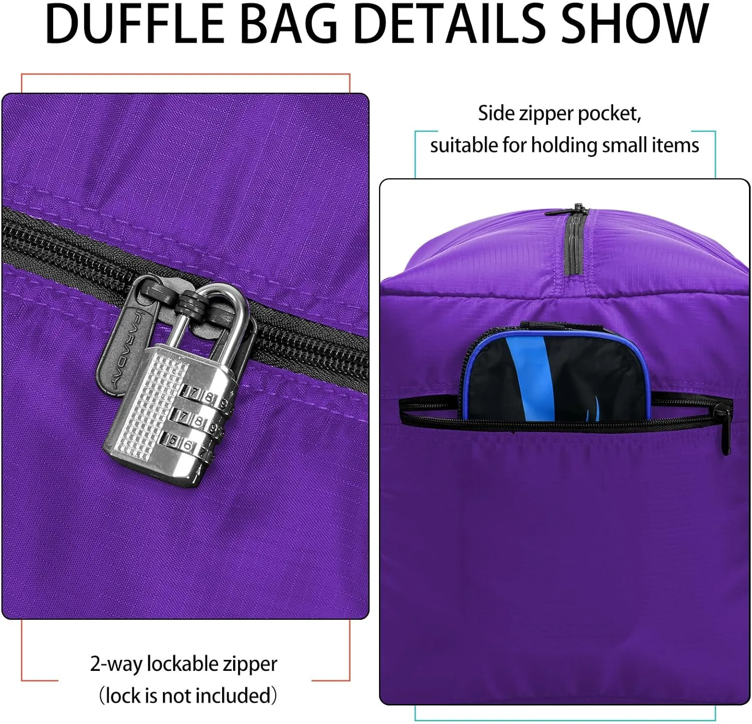 Foldable Duffel Bag 30" / 75L Lightweight with Water Rresistant for Travel-Purple