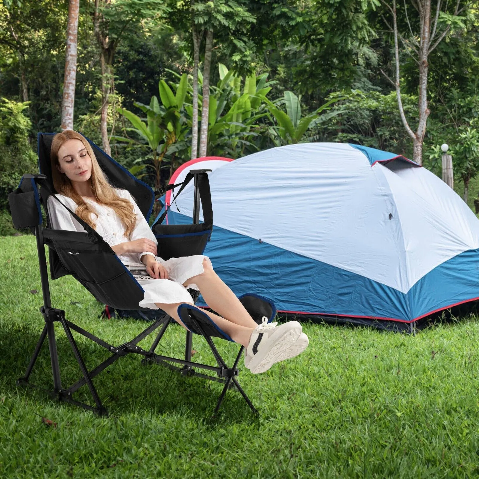 Folding Hammock Chair with Retractable Footrest and Bag