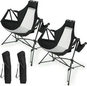 Folding Portable Hammock Camping Chair with Adjustable Back, Pillow and Cup Holder, Lightweight Steel Frame, Black
