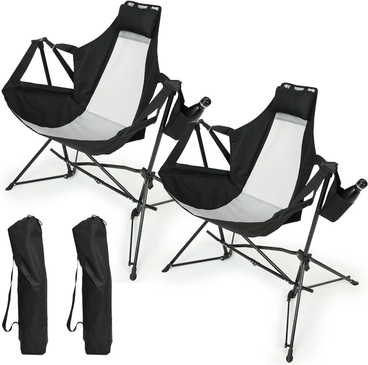 Folding Portable Hammock Camping Chair with Adjustable Back, Pillow and Cup Holder, Lightweight Steel Frame, Black