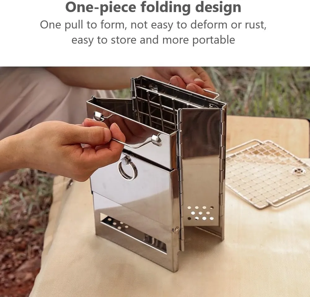 Folding Wood Stove Portable Camp Stove Outdoor Mini Backpack Stove Stainless Steel Barbecue Grill for Hiking Picnic Cooking Outdoor large
