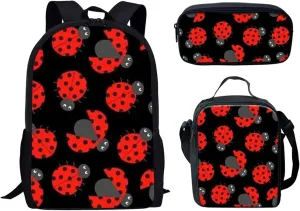 Forchrinse Red Ladybug Backpack for Kids Children Student Bookbag Set with Lunch Box Bag and Pencil Bag for Kids Toddler Girls,3 Pieces