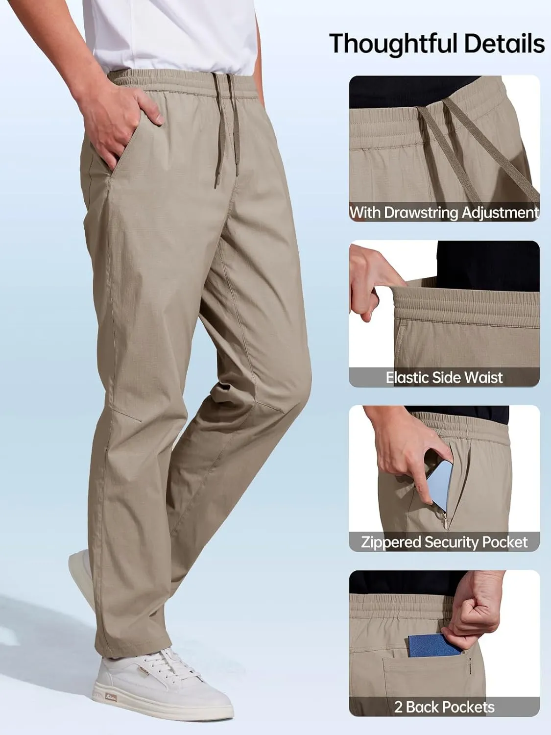 FREE SOLDIER Men's Elastic Waist Water Resistant Quick-Dry Hiking Outdoor Workout Casual Pants