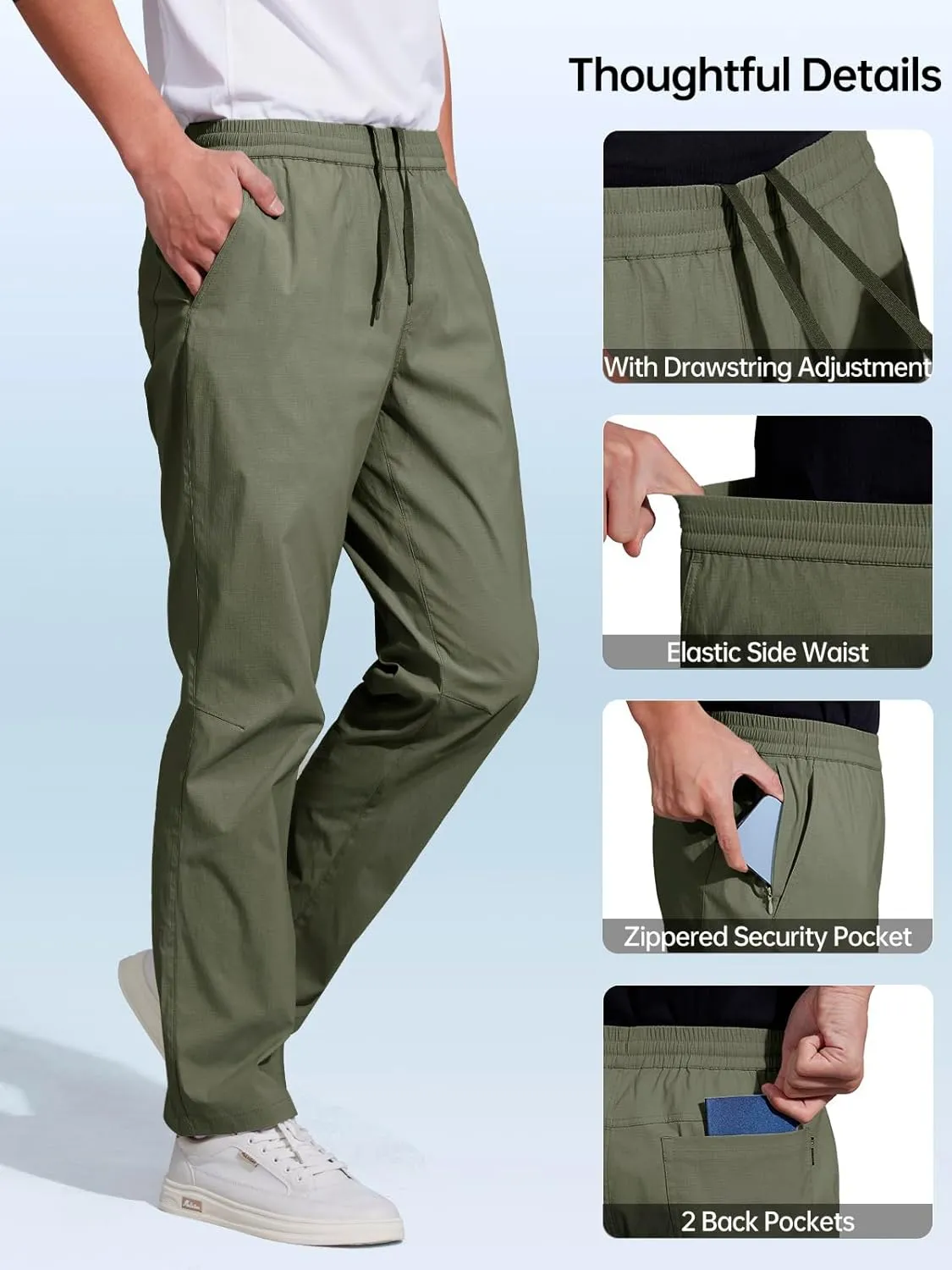 FREE SOLDIER Men's Elastic Waist Water Resistant Quick-Dry Hiking Outdoor Workout Casual Pants