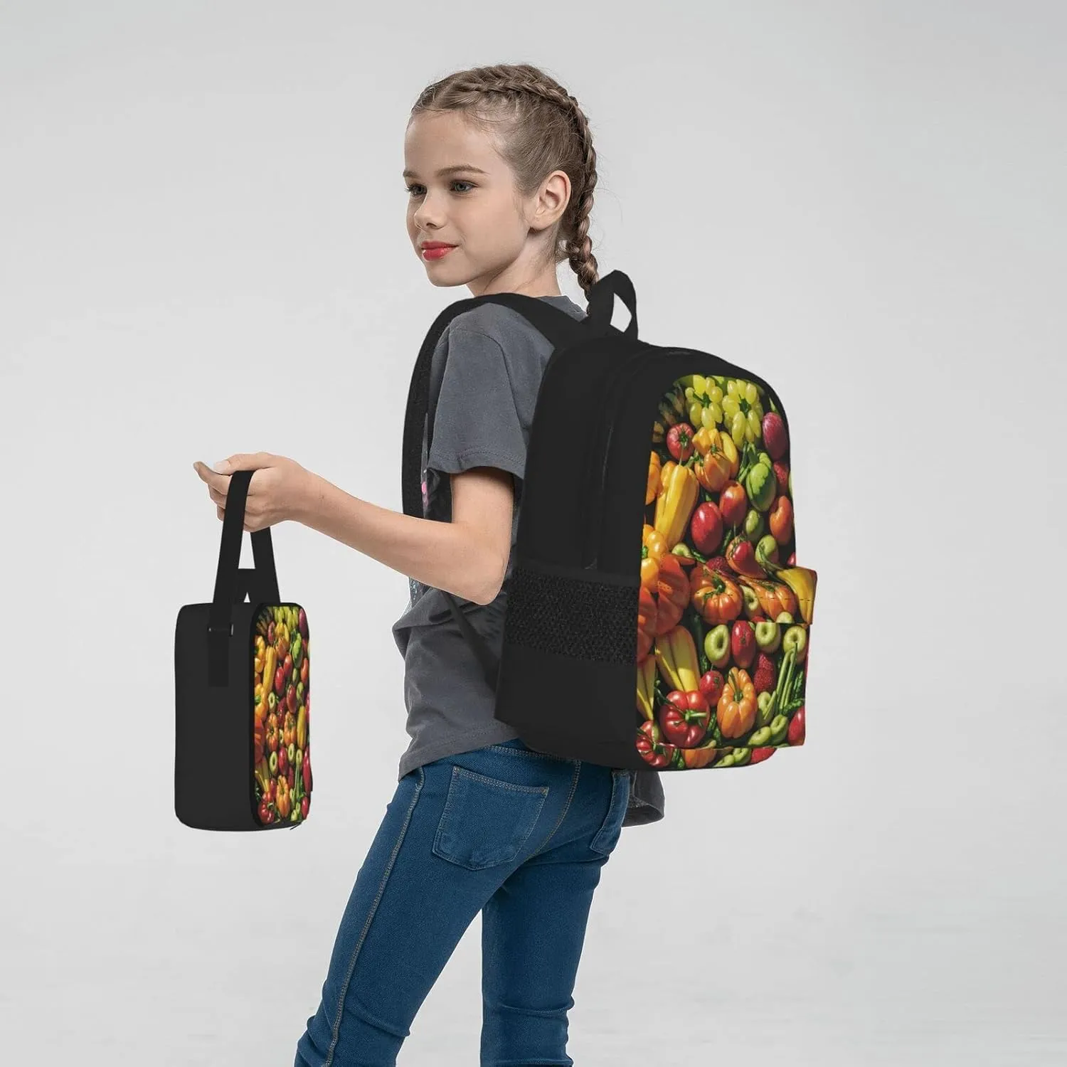 Fruit And Vegetables Three-Piece Backpack Set With Pocket Backpack Cross-Body Lunch Bag Pen Bag For Travel Daypack