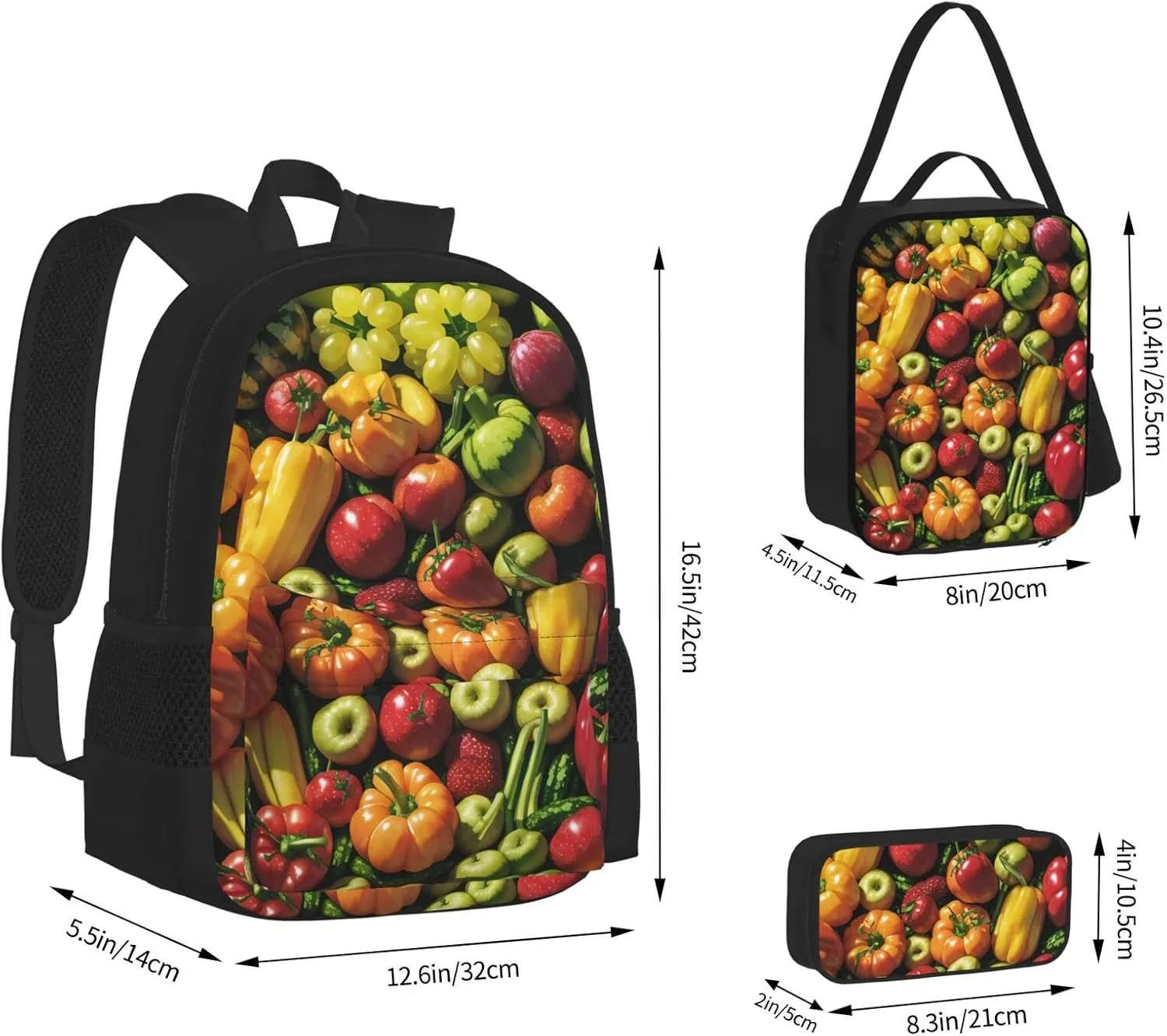 Fruit And Vegetables Three-Piece Backpack Set With Pocket Backpack Cross-Body Lunch Bag Pen Bag For Travel Daypack