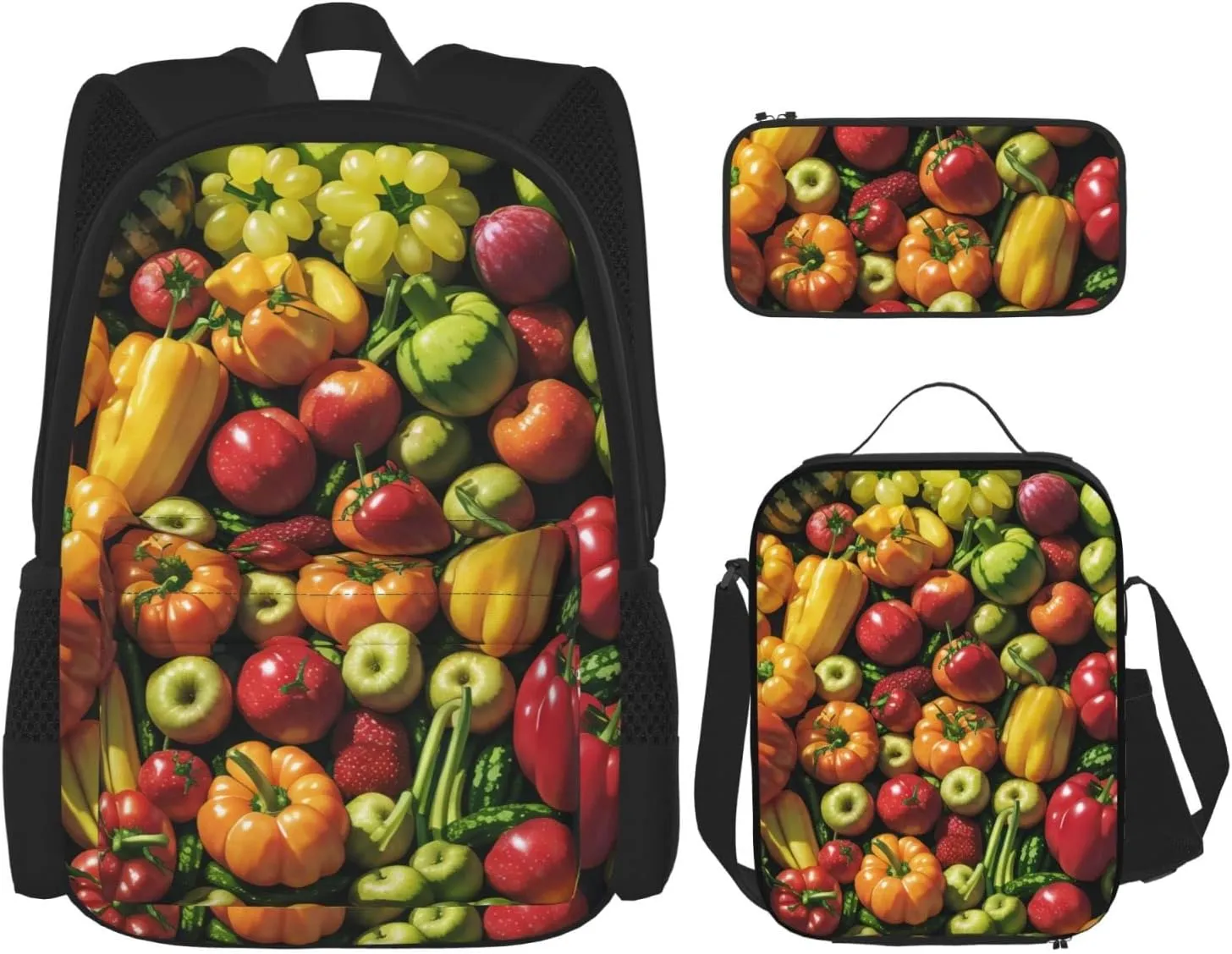 Fruit And Vegetables Three-Piece Backpack Set With Pocket Backpack Cross-Body Lunch Bag Pen Bag For Travel Daypack