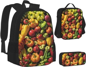 Fruit And Vegetables Three-Piece Backpack Set With Pocket Backpack Cross-Body Lunch Bag Pen Bag For Travel Daypack