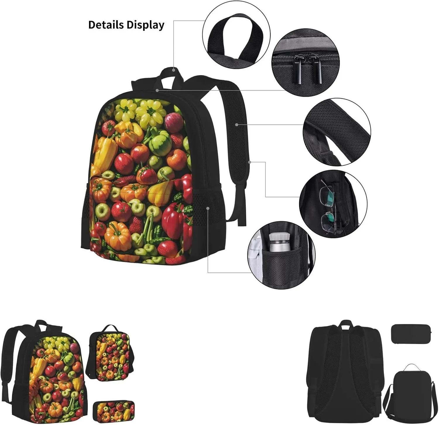 Fruit And Vegetables Three-Piece Backpack Set With Pocket Backpack Cross-Body Lunch Bag Pen Bag For Travel Daypack