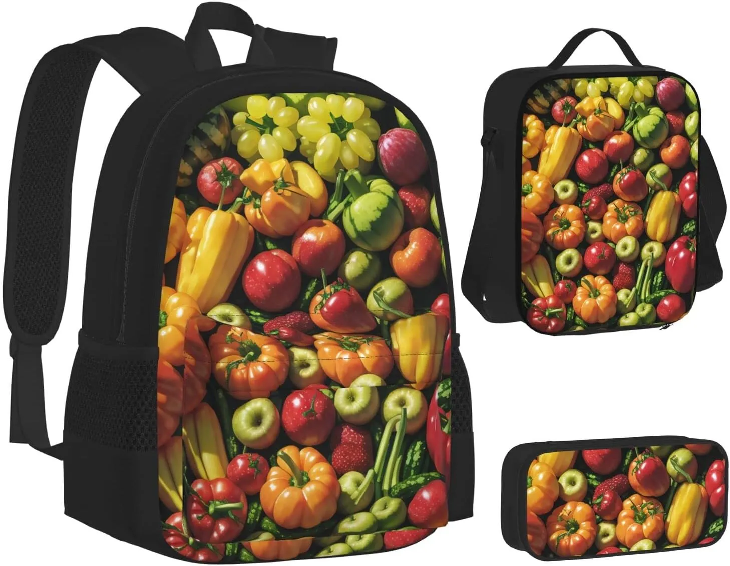 Fruit And Vegetables Three-Piece Backpack Set With Pocket Backpack Cross-Body Lunch Bag Pen Bag For Travel Daypack