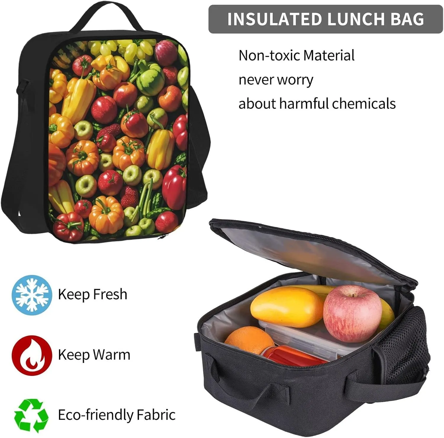 Fruit And Vegetables Three-Piece Backpack Set With Pocket Backpack Cross-Body Lunch Bag Pen Bag For Travel Daypack