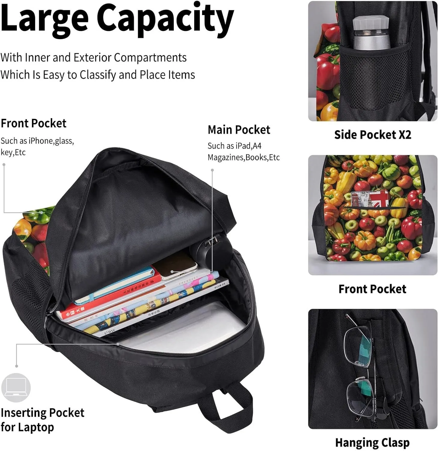 Fruit And Vegetables Three-Piece Backpack Set With Pocket Backpack Cross-Body Lunch Bag Pen Bag For Travel Daypack