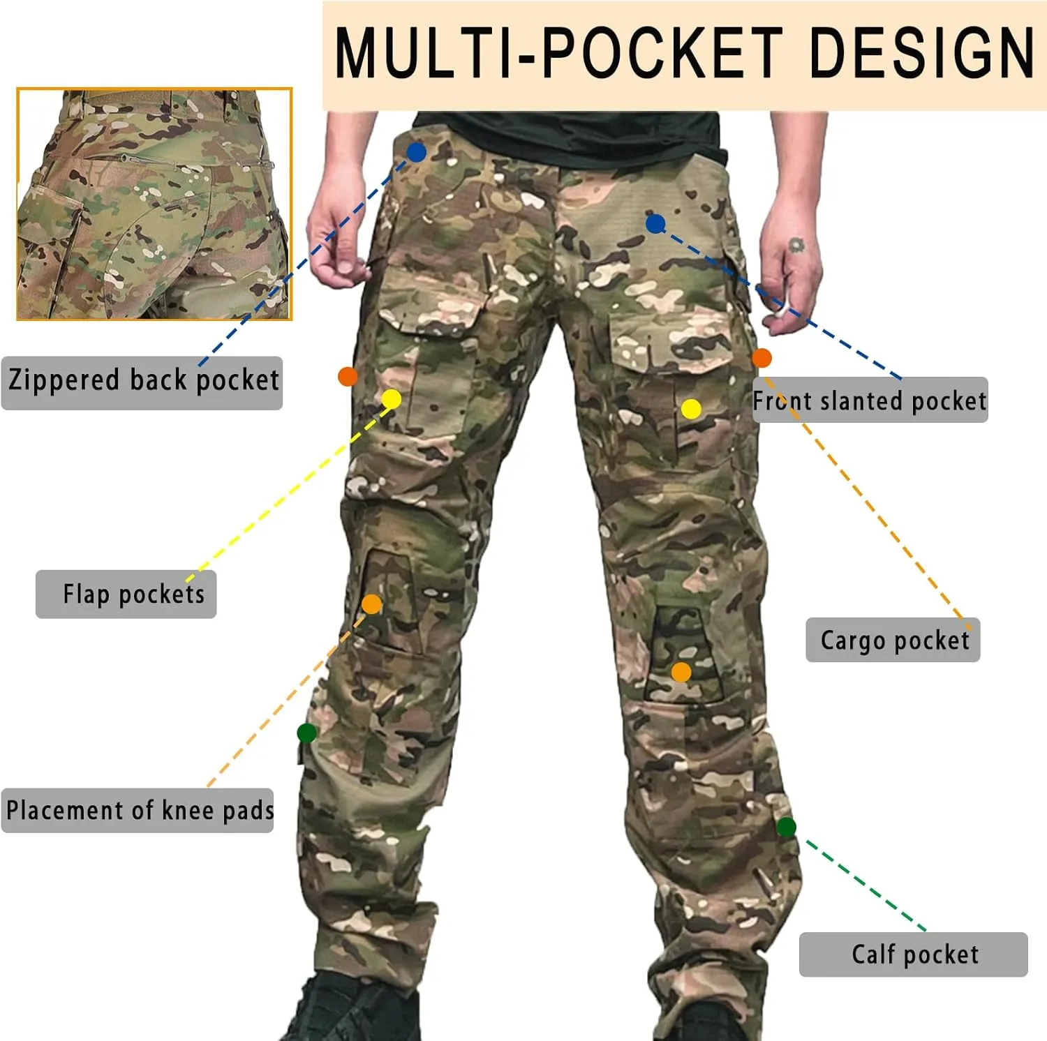 G3 Tactical Combat Pants, Men's Military Ripstop Camo Army Pants for Outdoor Hunting Paintballing - No Kneepad