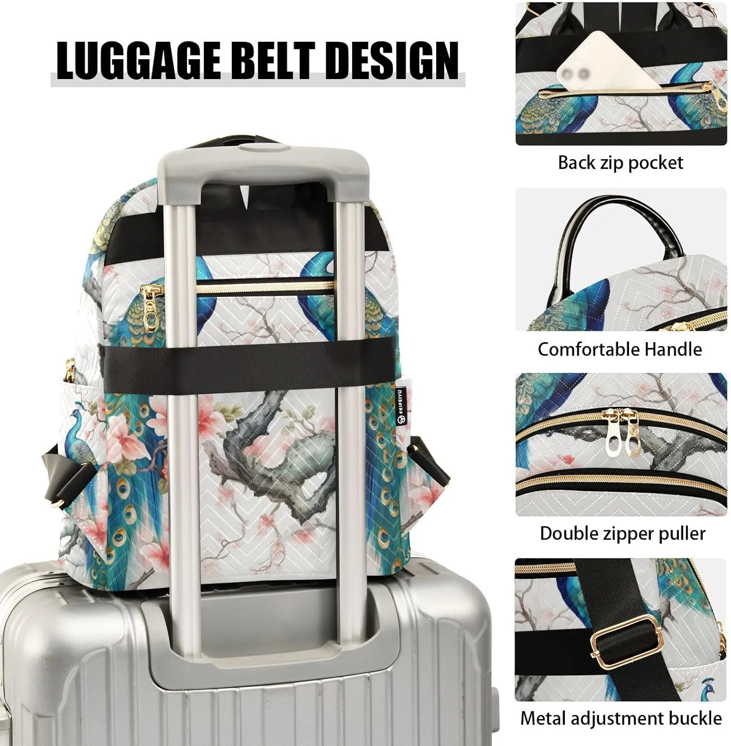 GAIGEO Peacocks Standing on a Branch Girls Fashion Backpack, Backpack Medium Size, Womens Travel Backpack for Airplane, M
