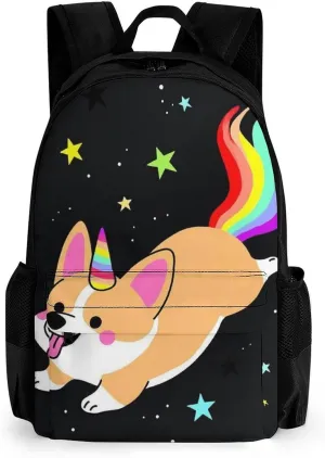 Galaxy Space Rainbow Unicorn Corgi Dog Black Art Rucksacks Lightweight Multipurpose Anti-Theft Shoulder Bag Big Capacity Traveling & Camping Backpack With Side Pockets