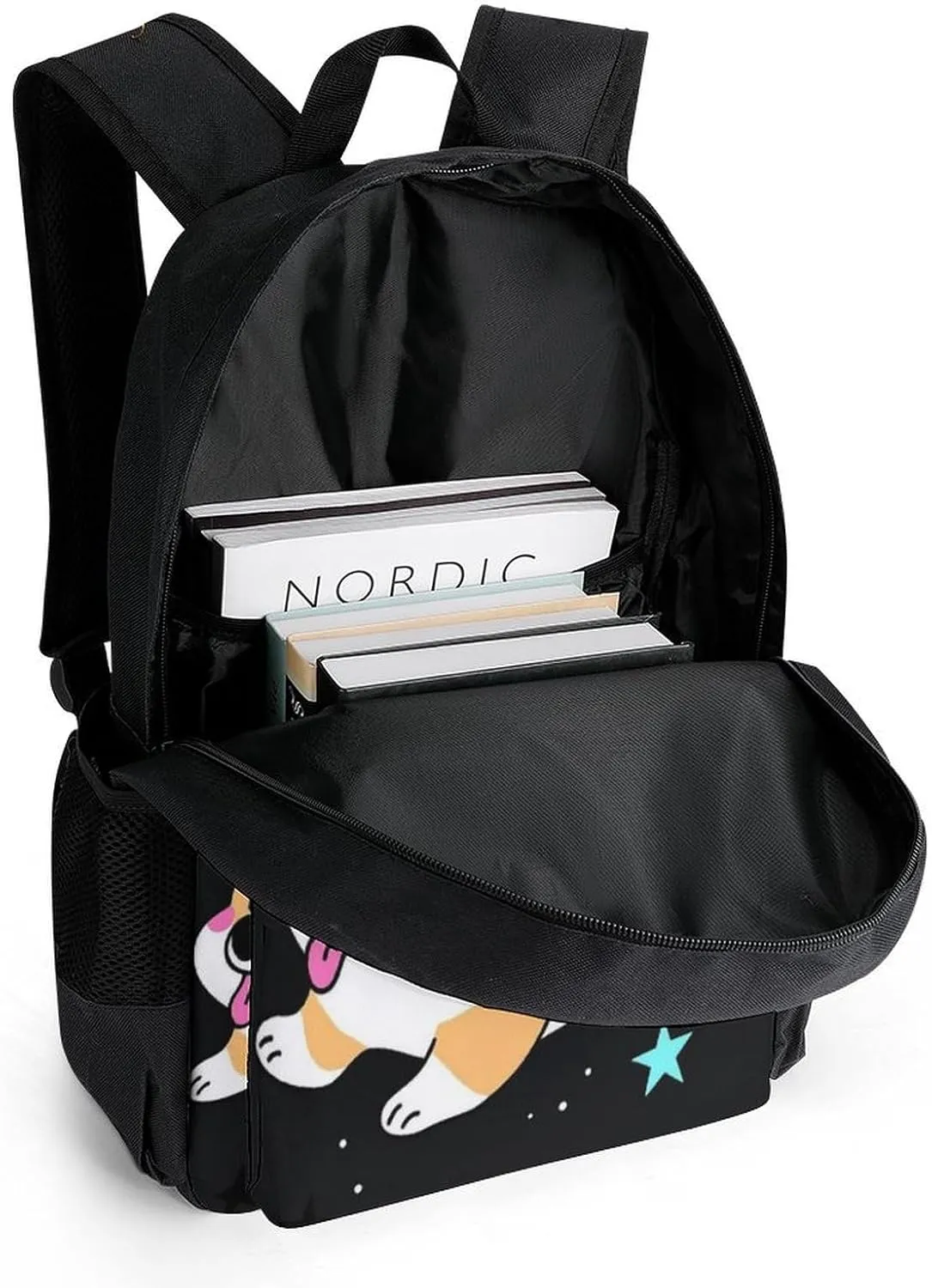 Galaxy Space Rainbow Unicorn Corgi Dog Black Art Rucksacks Lightweight Multipurpose Anti-Theft Shoulder Bag Big Capacity Traveling & Camping Backpack With Side Pockets