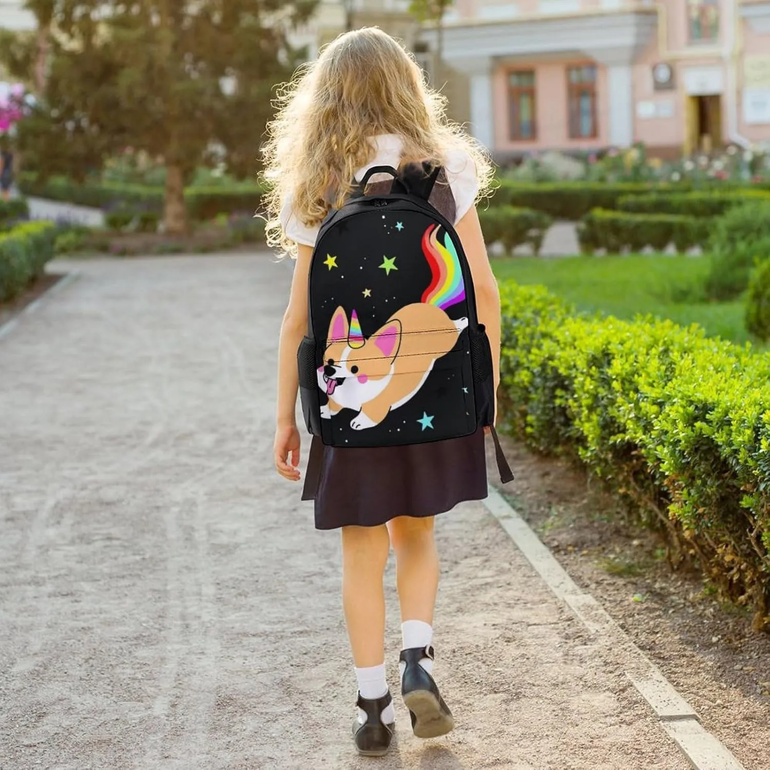 Galaxy Space Rainbow Unicorn Corgi Dog Black Art Rucksacks Lightweight Multipurpose Anti-Theft Shoulder Bag Big Capacity Traveling & Camping Backpack With Side Pockets