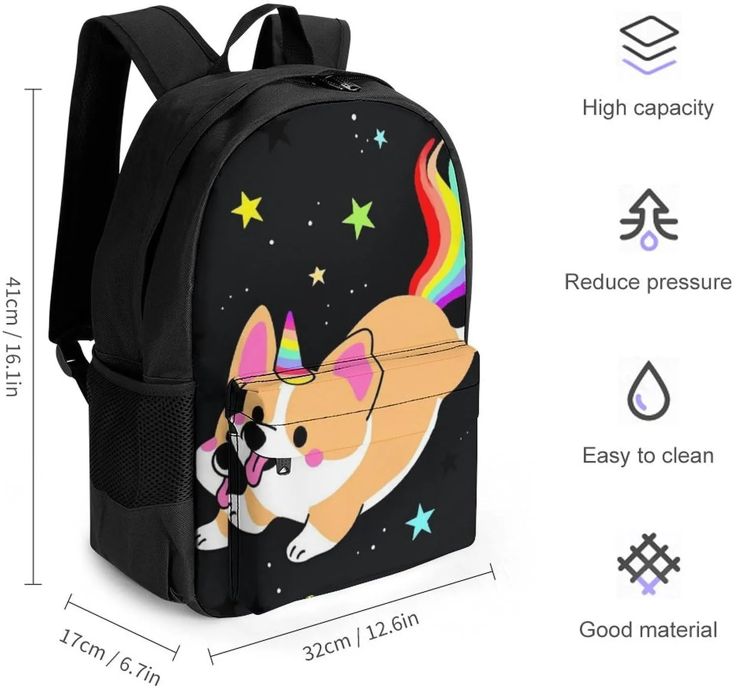 Galaxy Space Rainbow Unicorn Corgi Dog Black Art Rucksacks Lightweight Multipurpose Anti-Theft Shoulder Bag Big Capacity Traveling & Camping Backpack With Side Pockets